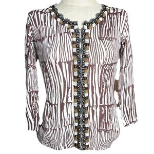 Boston Proper Brown Printed Beaded Cardigan